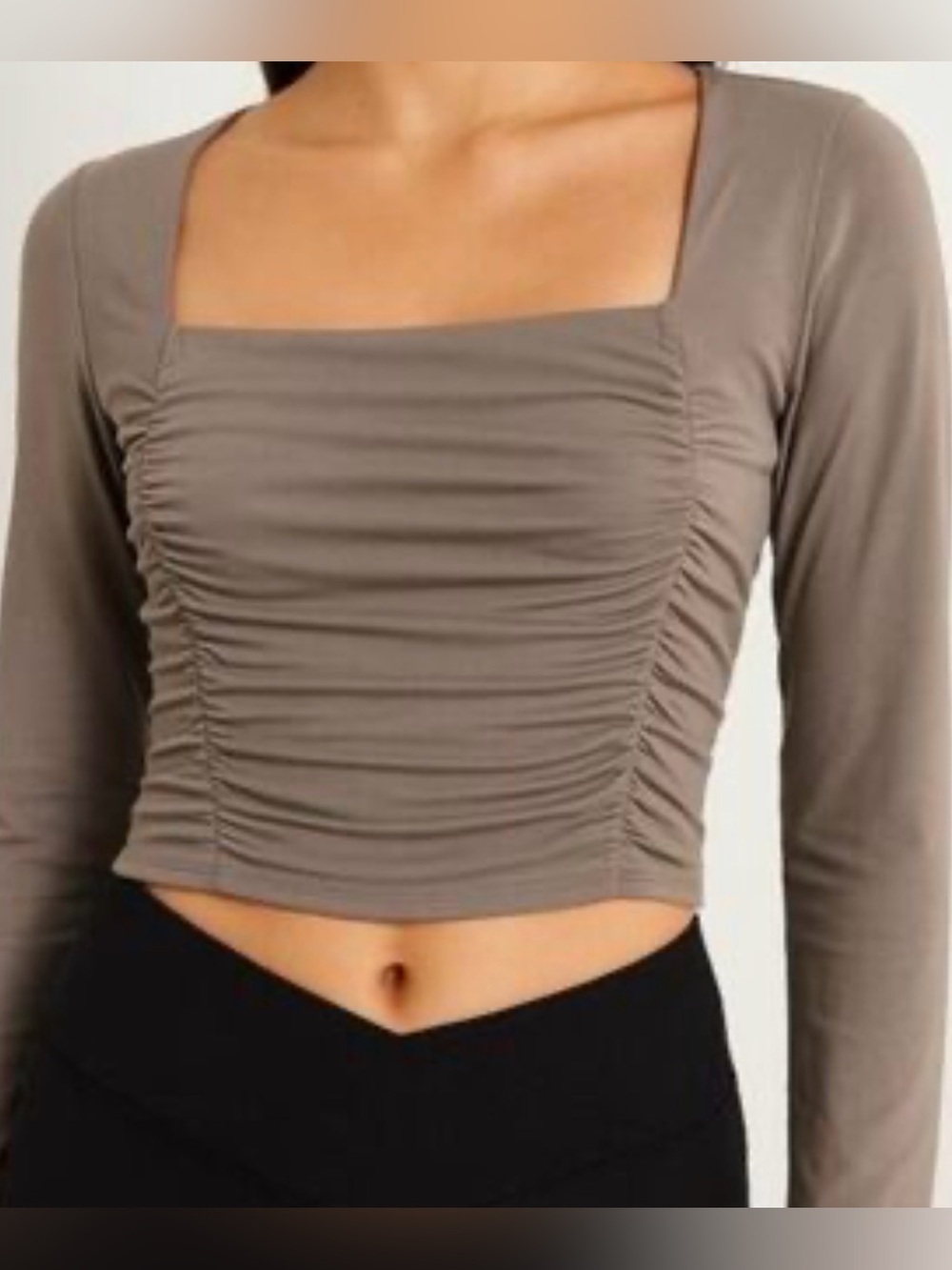 Hollister Taupe Ruched Square-Neck Long Sleeve Crop Top